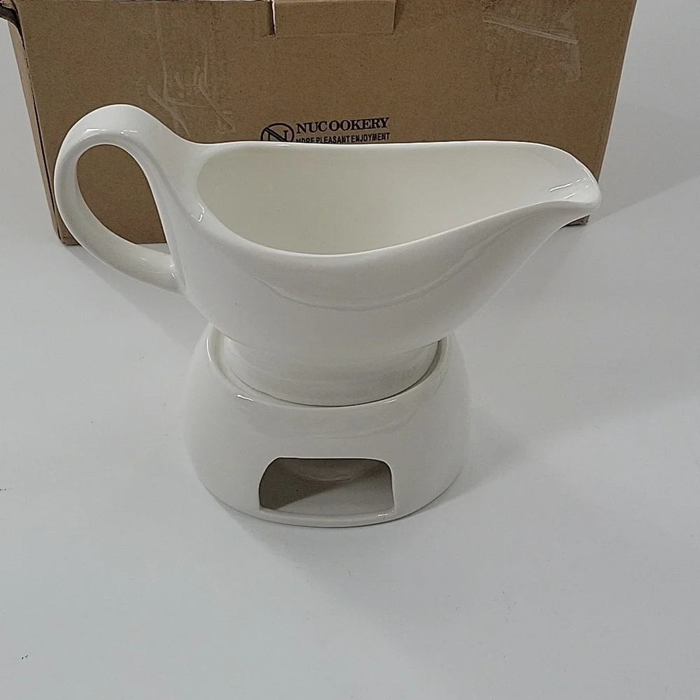 Elegant White Gravy Boat with Warmer New